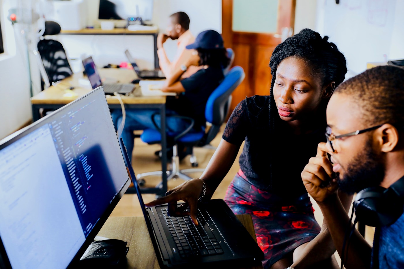 Technology team collaborating in a modern office